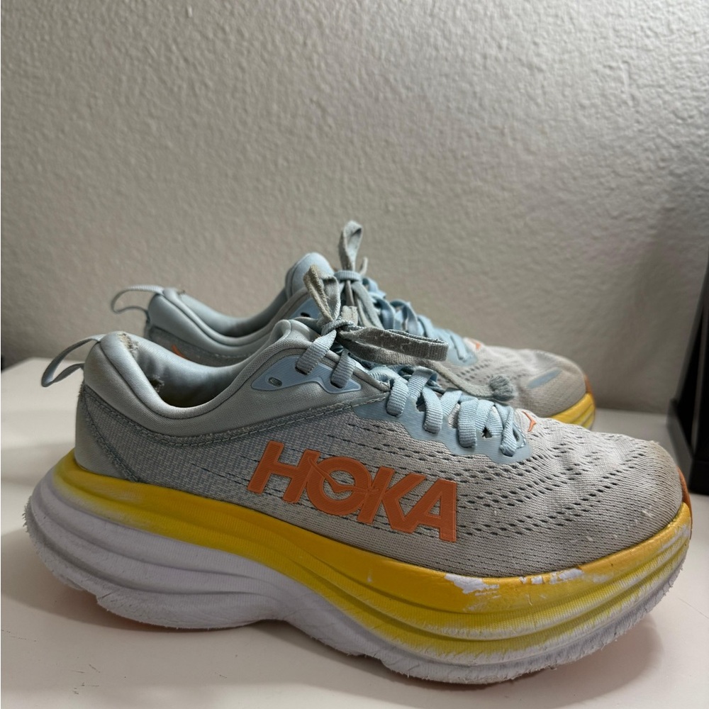 Hoka bondi 8 Gray and Orange Athletic Shoes - Picture 1 of 6